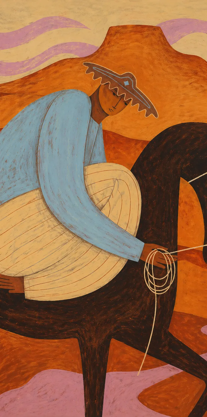 Ковбой в синей рубашке едет на чёрной лошади по оранжевой пустыне на фоне гор