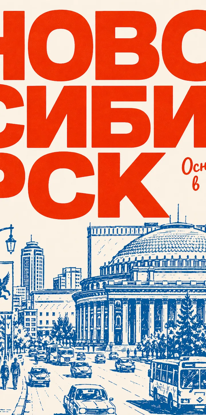 Ретро-плакат Новосибирска 1893 года с красным текстом и синим городским пейзажем