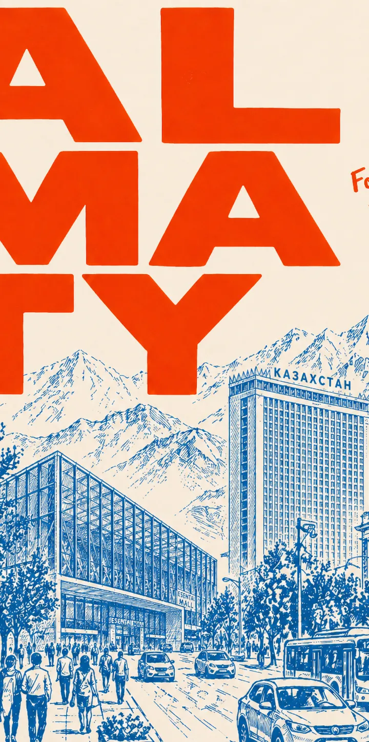 Постер Алматы с красной типографией, городской архитектурой, горами и зданием Казахстан на фоне